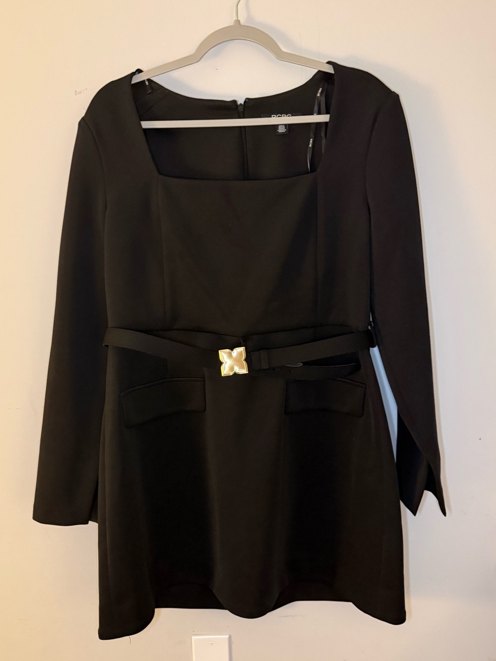 BCBG Black Long Sleeve Square-Neck Dress with Gold Accent Belt